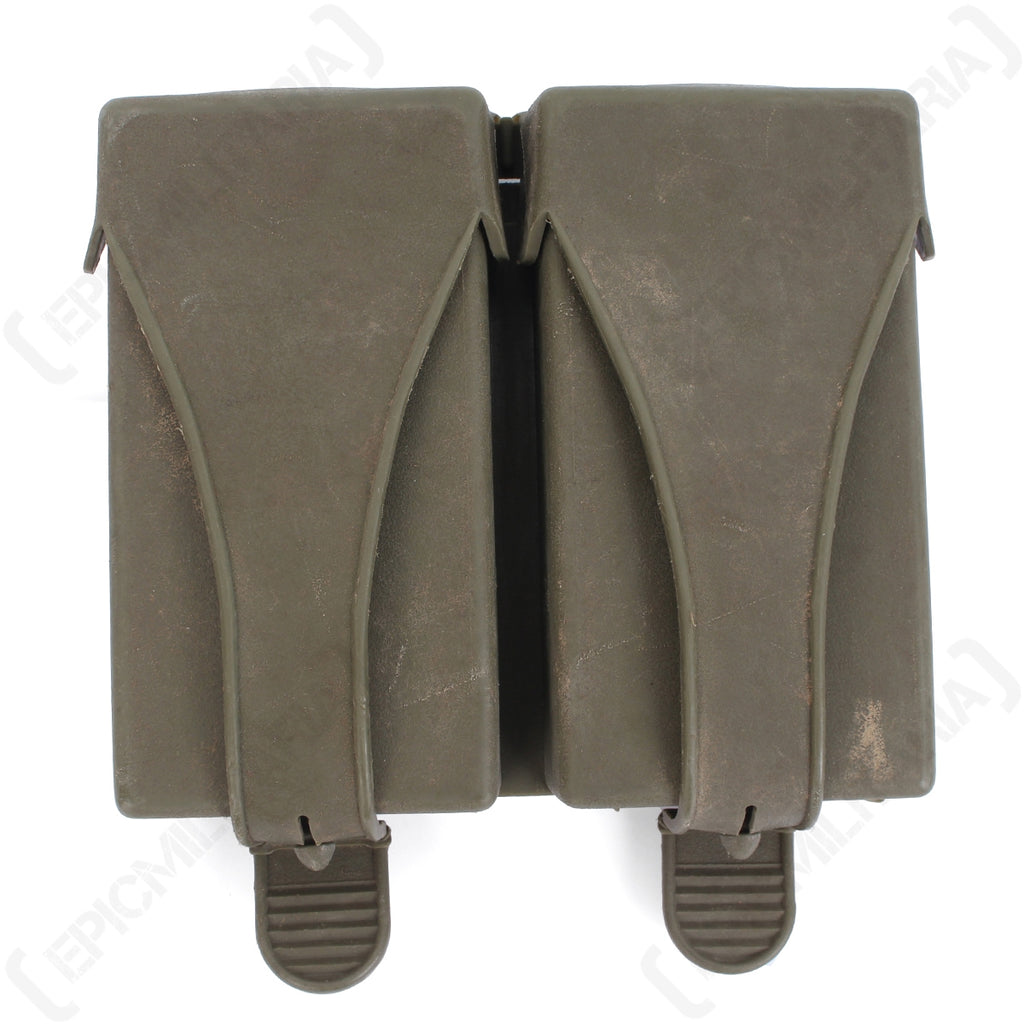 Original German G3 ammo pouch in olive drab, showing dual magazine compartments with secure clasp closures.