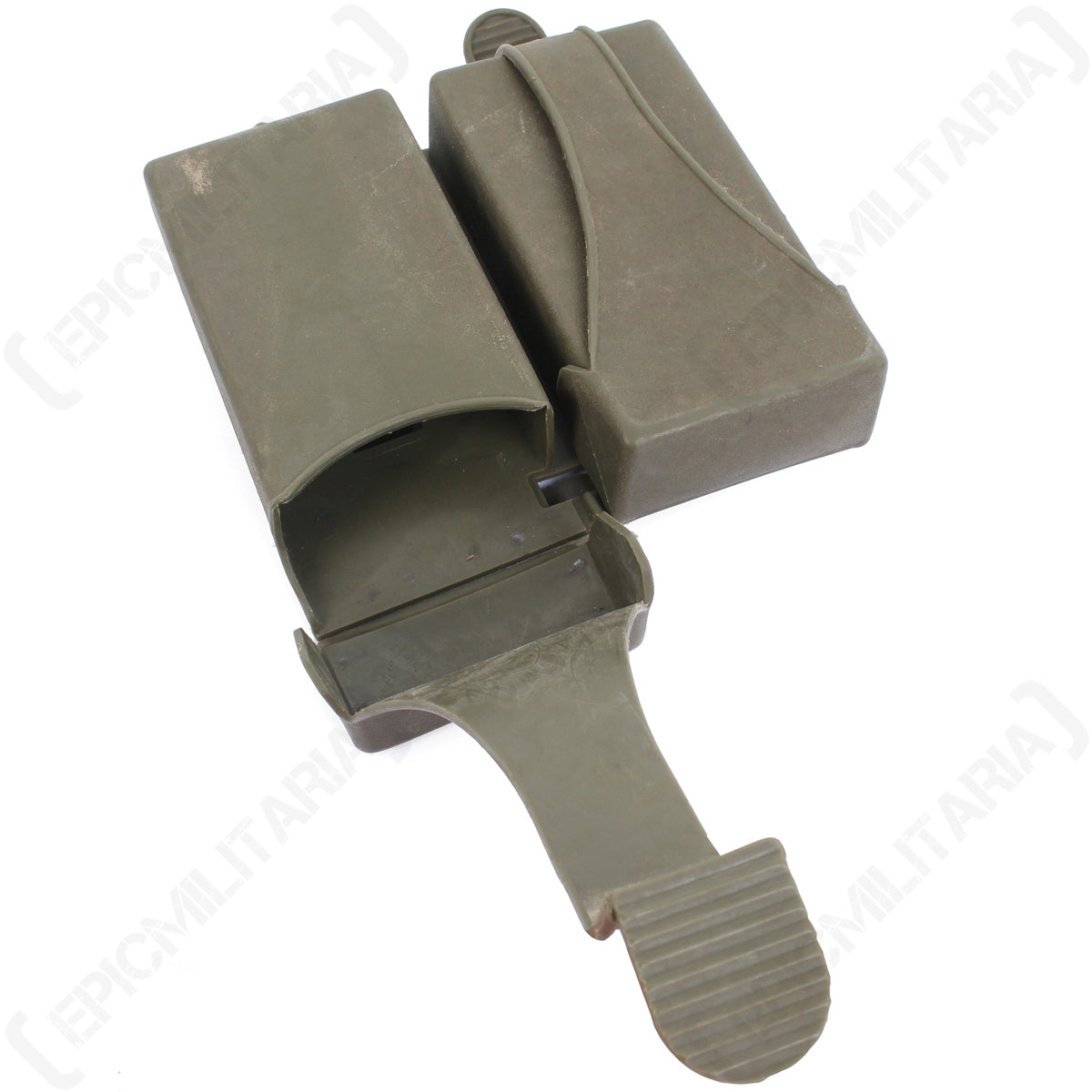 Detail view of a German G3 military surplus pouch with one compartment open, displaying the interior storage space and clasp mechanism.