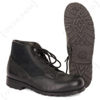 Original German Navy deck shoe in black leather and canvas, displayed beside its thick, deep-treaded rubber outsole.