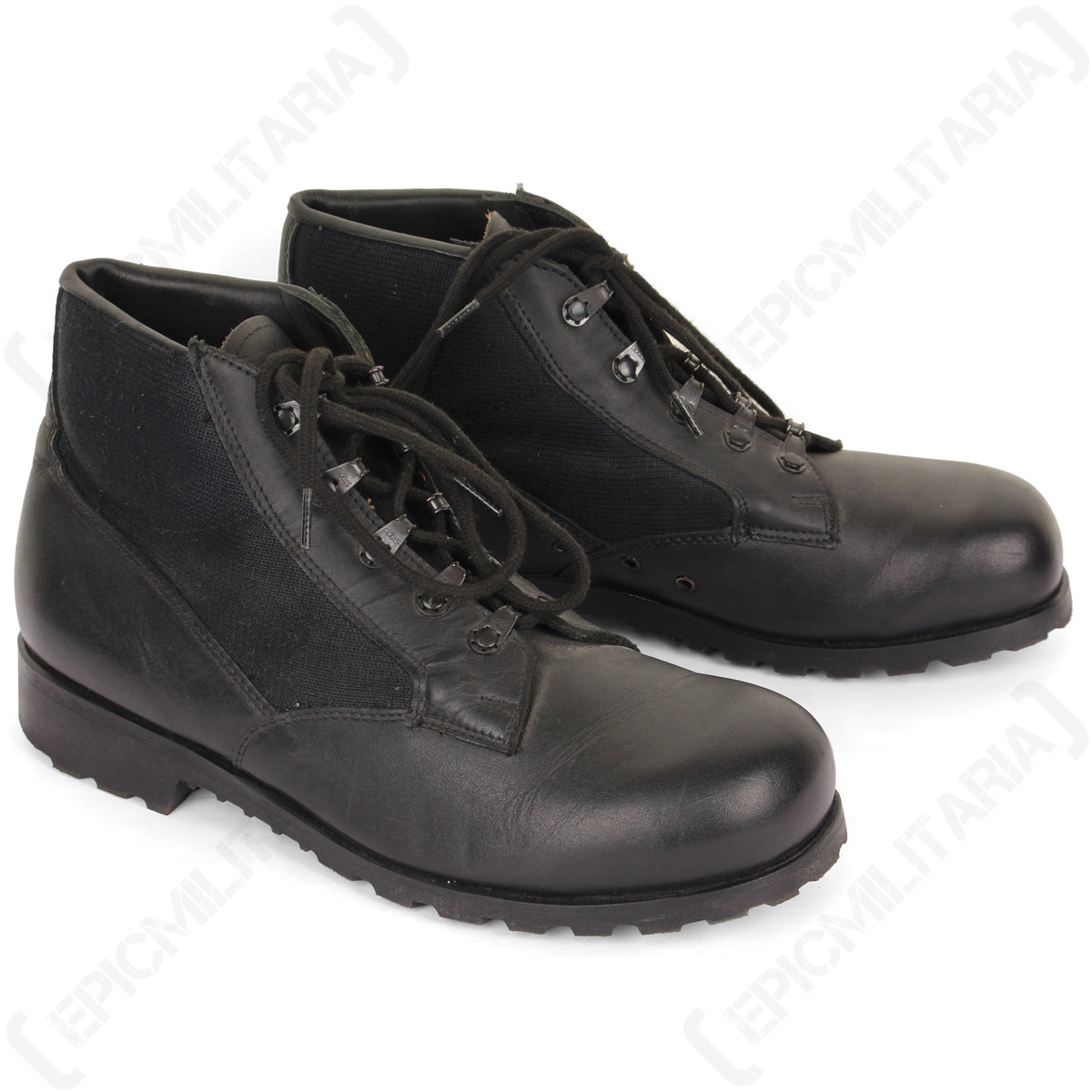 Pair of genuine German Navy deck shoes, showcasing the black leather and canvas construction with sturdy lace-up closure.