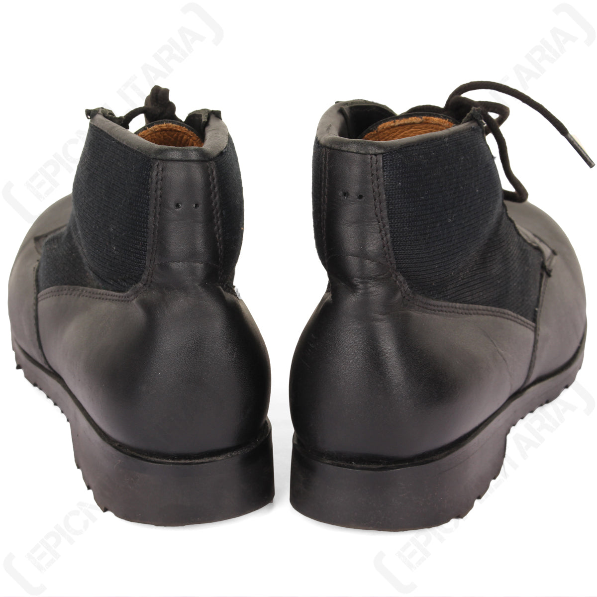 Rear view of two German Navy deck boots, emphasizing the high-top ankle support and sturdy, stable 3cm rubber heels.