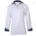 Front view of an authentic German Navy sailor shirt in white, featuring a classic blue sailor collar and matching blue trim on the cuffs.
