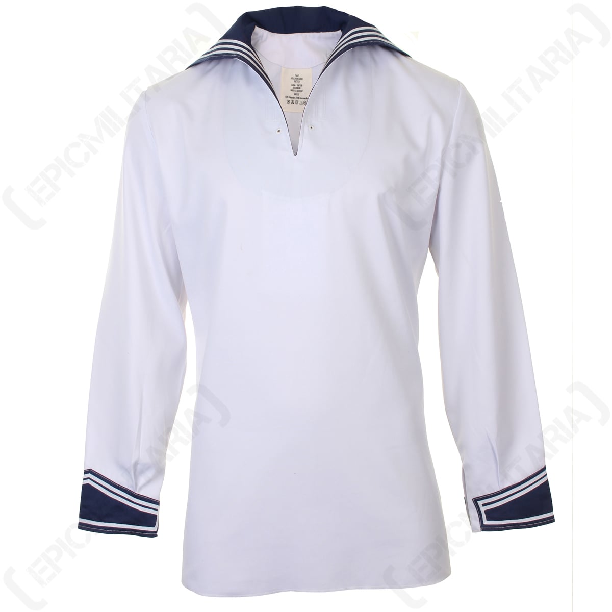 Front view of an authentic German Navy sailor shirt in white, featuring a classic blue sailor collar and matching blue trim on the cuffs.