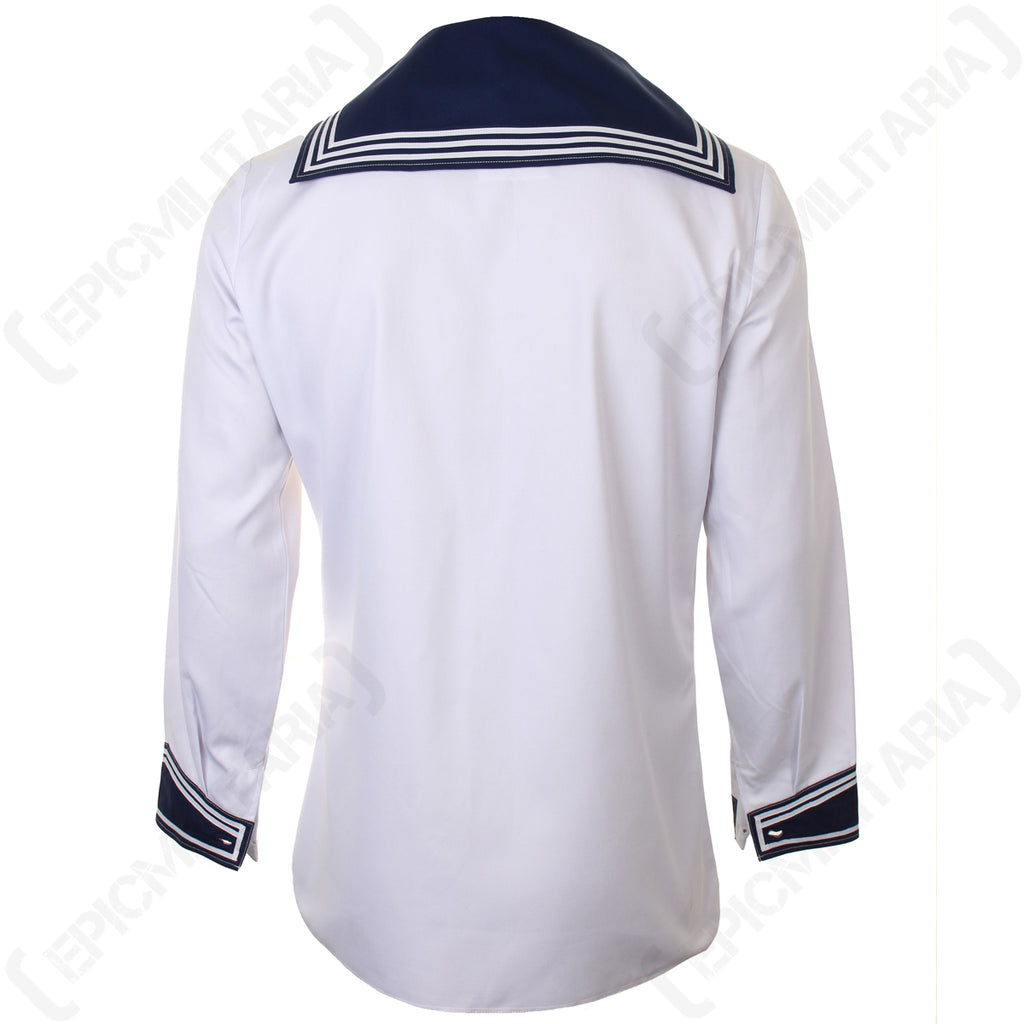 Rear view of the German Navy sailor shirt, highlighting the signature large navy blue sailor collar with white striped detailing.