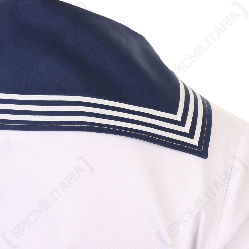 Close-up of the German Navy shirt showing the detailed stitching and white stripe trim on the navy blue sailor collar edge.