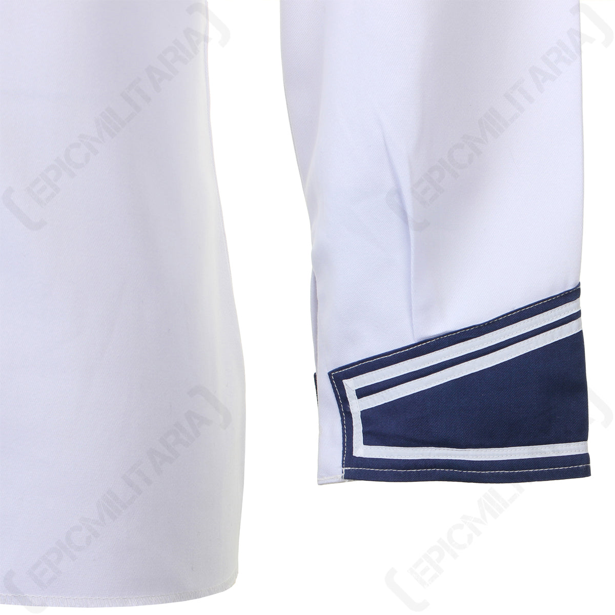 Detailed view of the white sleeve cuff on the German Navy shirt, showcasing the contrasting navy blue trim with parallel white stripes.