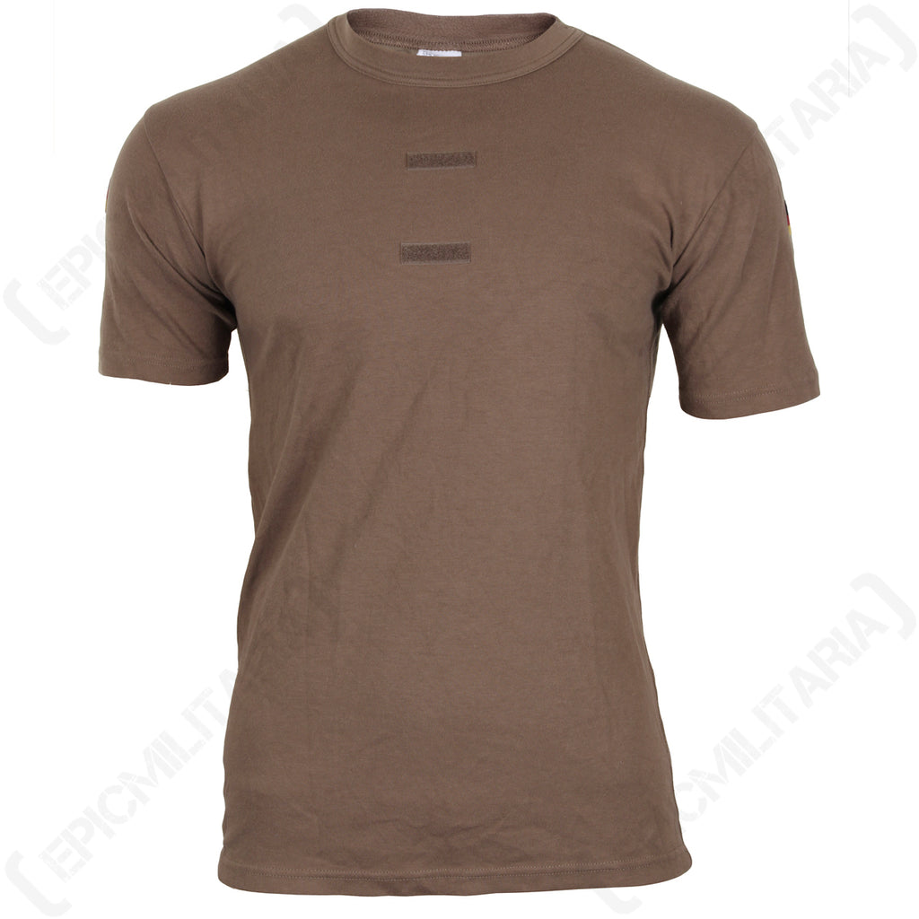 Original German military tropical t-shirt in brown featuring front chest hook and loop panels for patches.