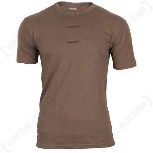 Original German military tropical t-shirt in brown featuring front chest hook and loop panels for patches.