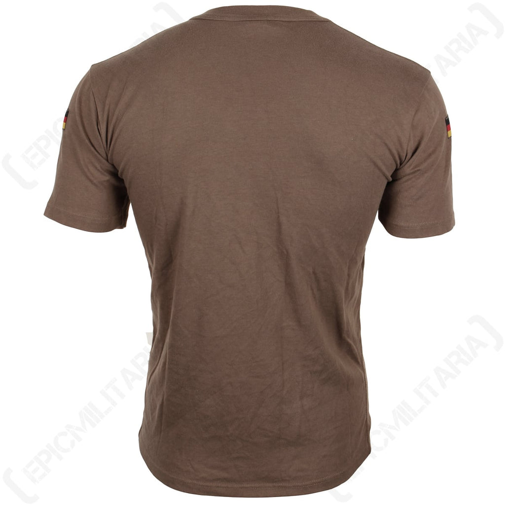 Rear view of the German military surplus tropical t-shirt in brown, highlighting the sleeve flag patches.