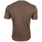 Rear view of the German military surplus tropical t-shirt in brown, highlighting the sleeve flag patches.