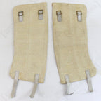 Reverse side of Italian Army canvas gaiters displaying metal buckles for secure adjustable fit and bottom leather attachment hooks.