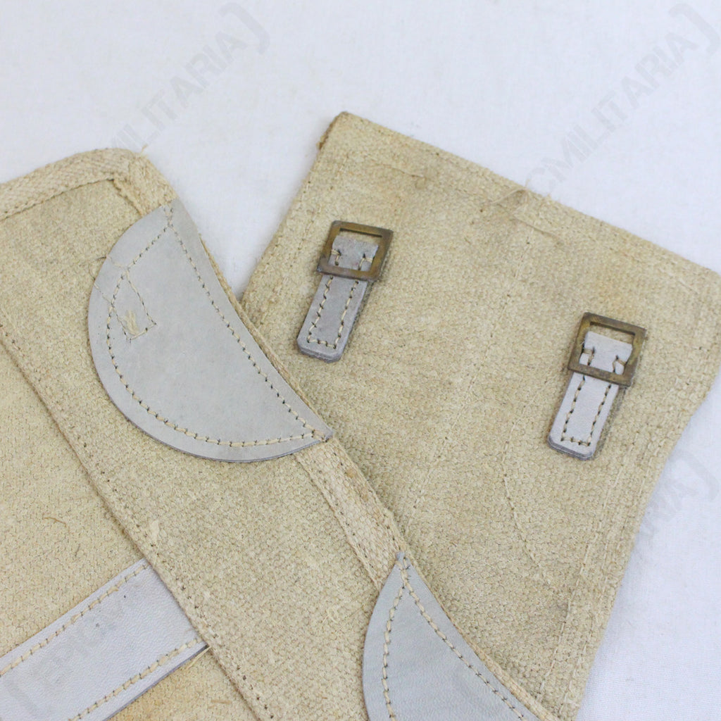 Close-up detail of Italian Army surplus gaiter showing durable canvas texture, grey leather reinforcements, and antique metal buckle hardware.