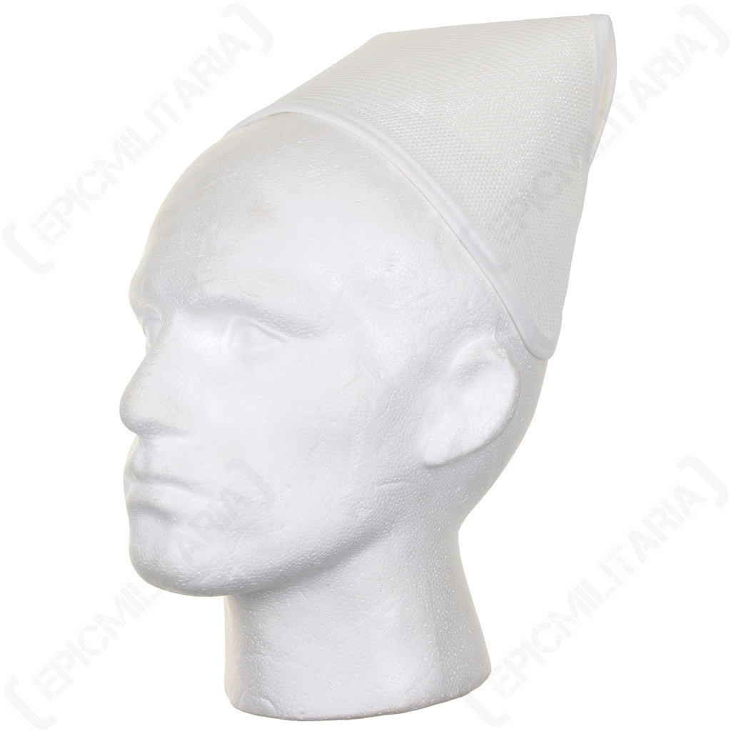 Side profile of a white mesh nurses cap on a mannequin head, showcasing the lightweight vintage uniform design.