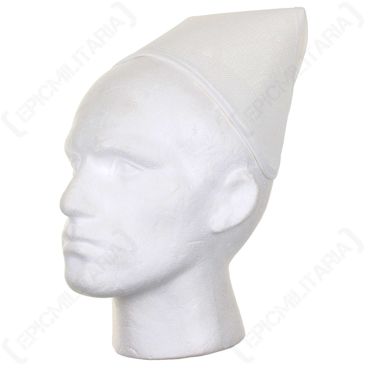 Side profile of a white mesh nurses cap on a mannequin head, showcasing the lightweight vintage uniform design.