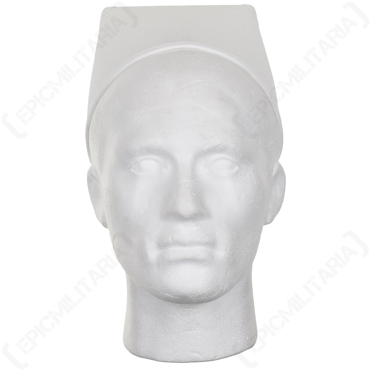 Front view of the classic white nurses cap worn on a mannequin, highlighting its historical silhouette.