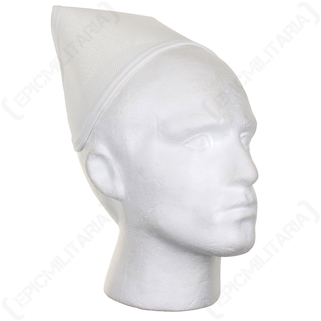 Slightly elevated view of the white nurses cap on a mannequin, emphasizing the clean design suitable for historical reenactments.