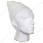 Slightly elevated view of the white nurses cap on a mannequin, emphasizing the clean design suitable for historical reenactments.