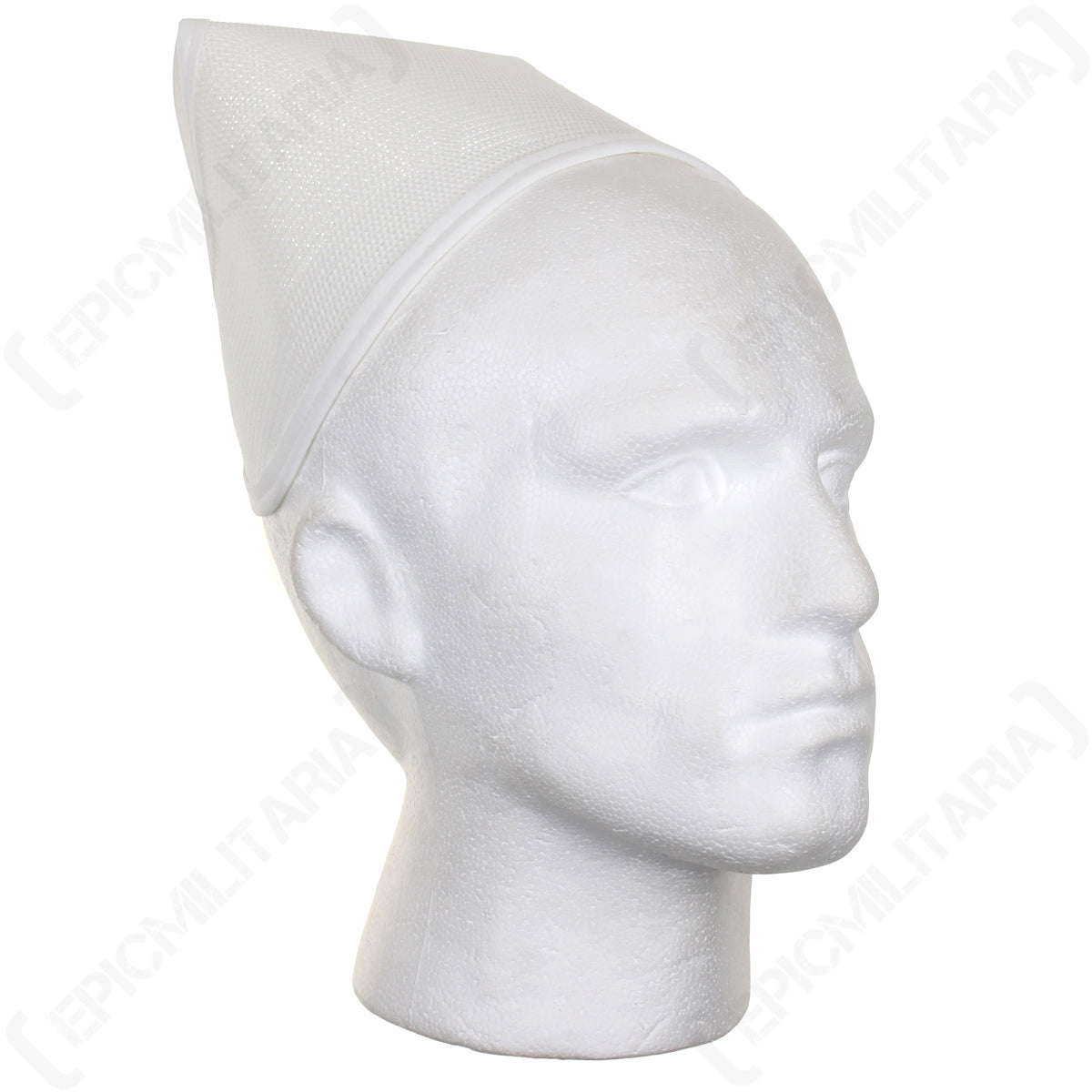 Slightly elevated view of the white nurses cap on a mannequin, emphasizing the clean design suitable for historical reenactments.