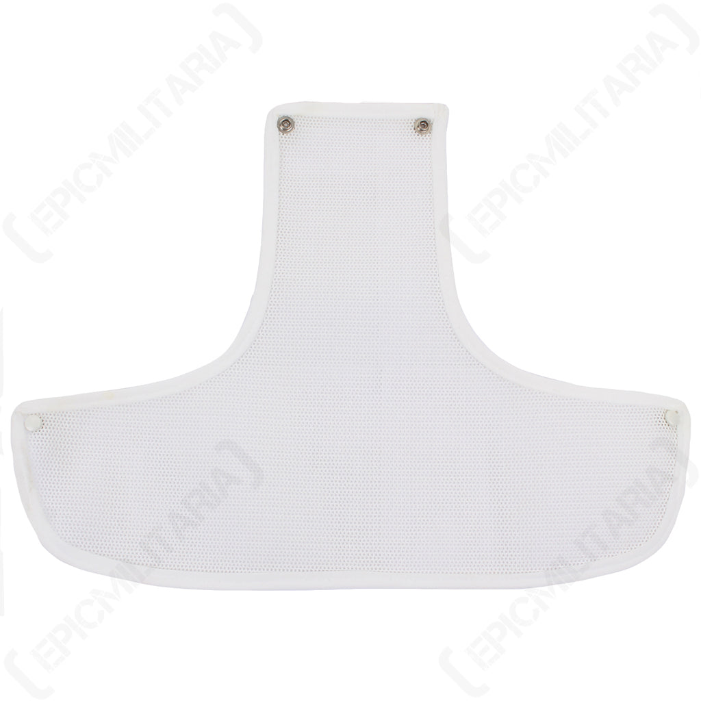 Flat lay of the unfolded white nurses cap, revealing the mesh material and the metal pop stud fasteners.