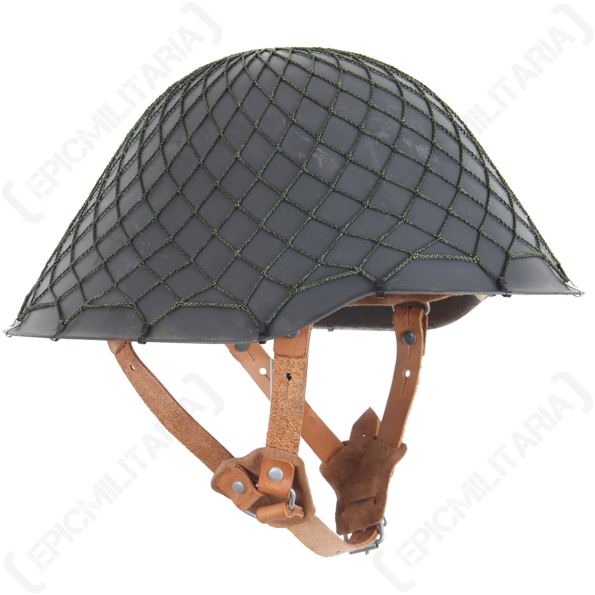 Close-up side view of an East German military helmet equipped with an original olive drab NVA camouflage net and leather chin strap.