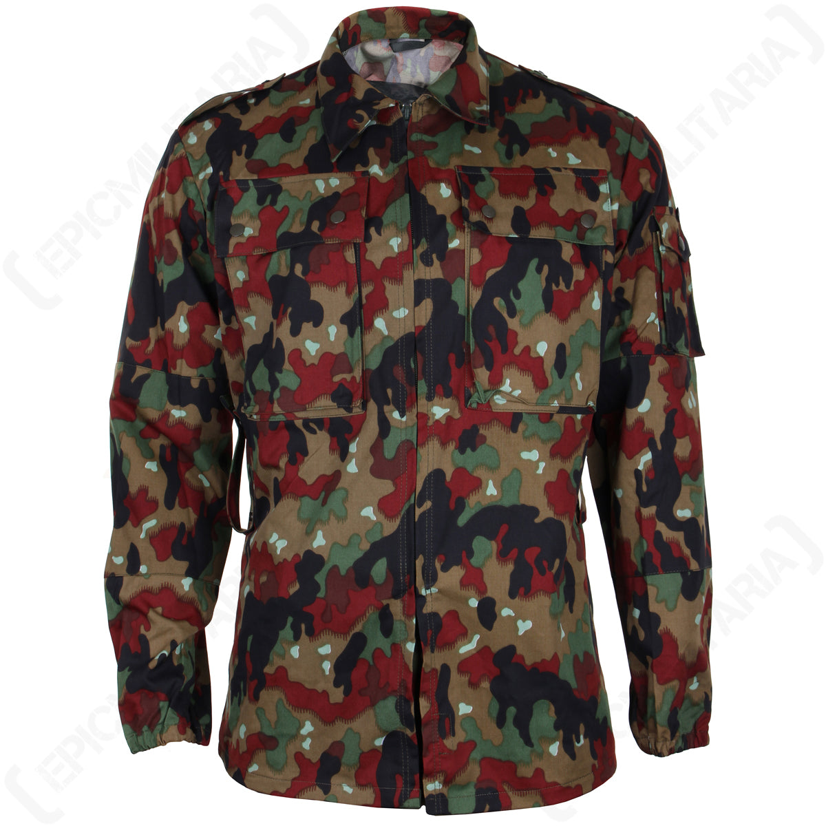 Front view of the Swiss M83 Alpenflage field jacket featuring an iconic six-colour woodland camouflage pattern, buttoned chest pockets, and durable military surplus construction.