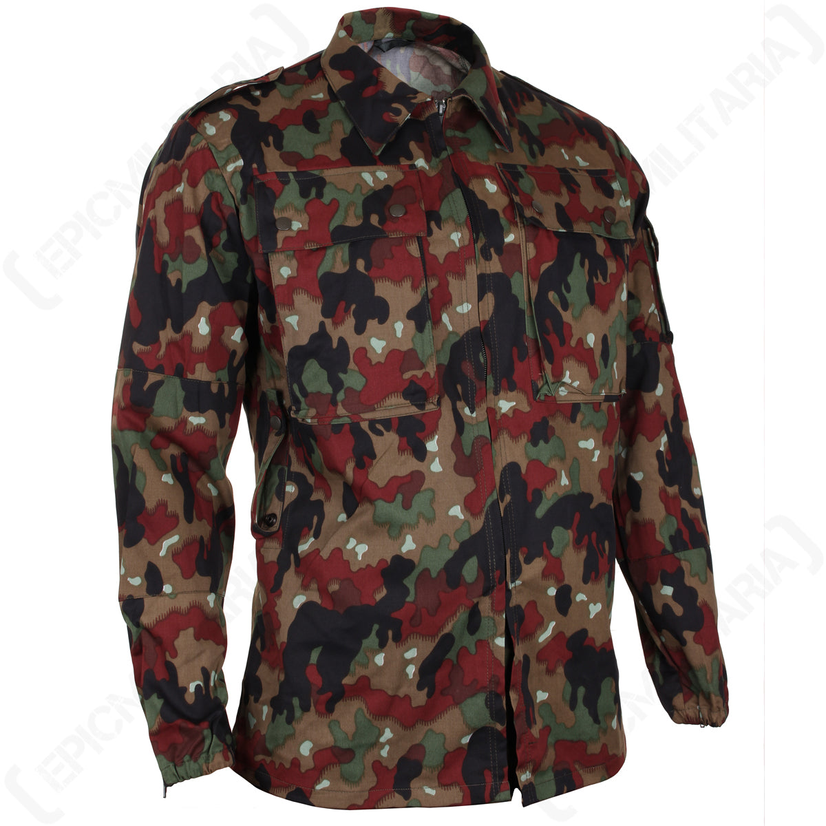 Three-quarter view of the Swiss M83 Alpenflage military jacket showing the robust cotton blend fabric, classic collar, and structured fit typical of authentic surplus gear.
