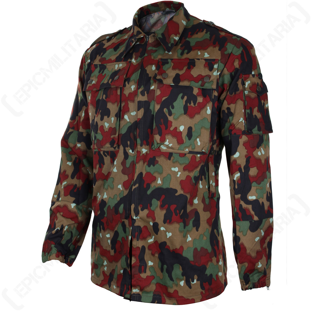 Side profile of the Swiss M83 Alpenflage field jacket displaying the uniform camouflage pattern, utility sleeve pocket, and adjustable cuffs for a functional military look.