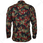Rear view of the Swiss M83 Alpenflage field jacket showcasing the full six-colour camouflage print, structured fit, and long-lasting quality of the original surplus piece.