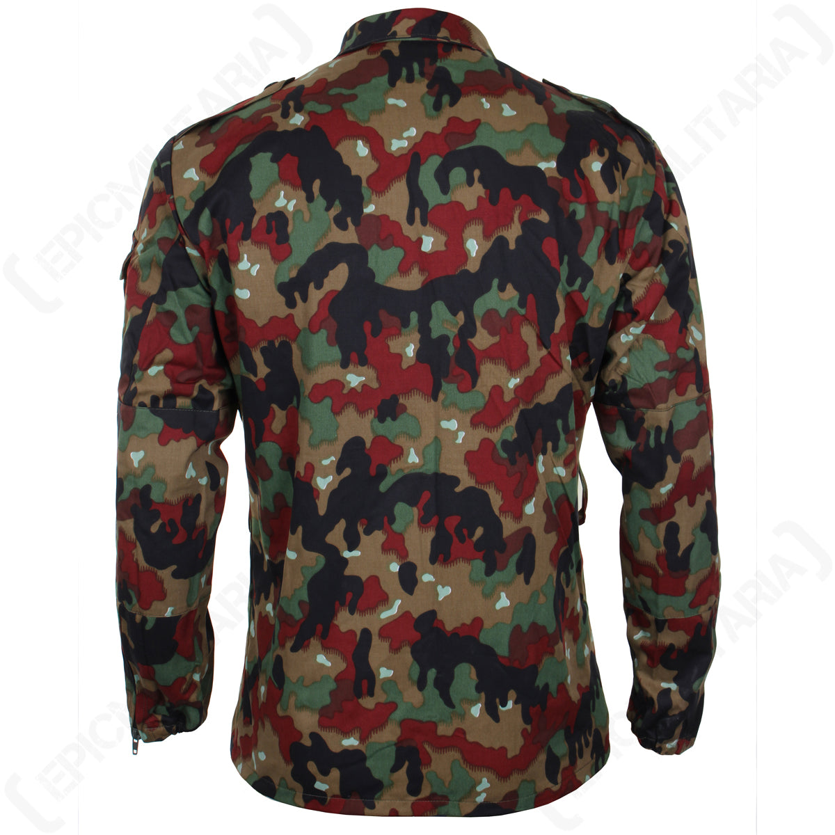 Rear view of the Swiss M83 Alpenflage field jacket showcasing the full six-colour camouflage print, structured fit, and long-lasting quality of the original surplus piece.