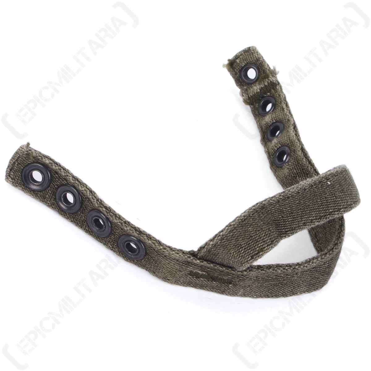 Olive drab US Army paratrooper helmet chin strap with black metal-capped eyelets on cotton canvas fabric.