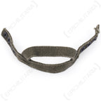 Front view of a post-war US Army paratrooper helmet chin strap showing the shaped chin cup and attachment points.