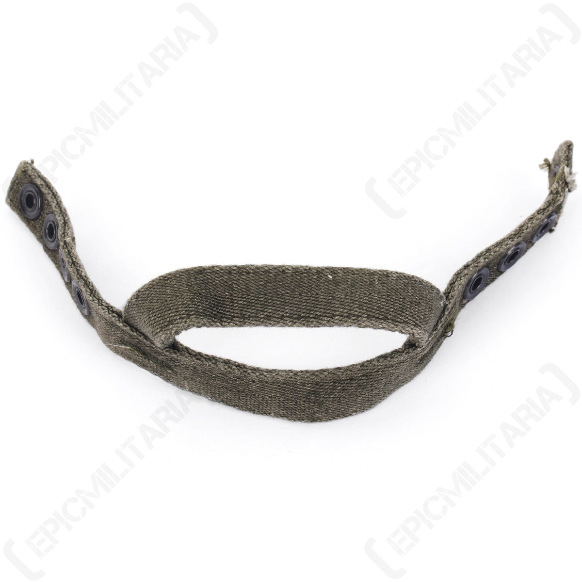 Front view of a post-war US Army paratrooper helmet chin strap showing the shaped chin cup and attachment points.