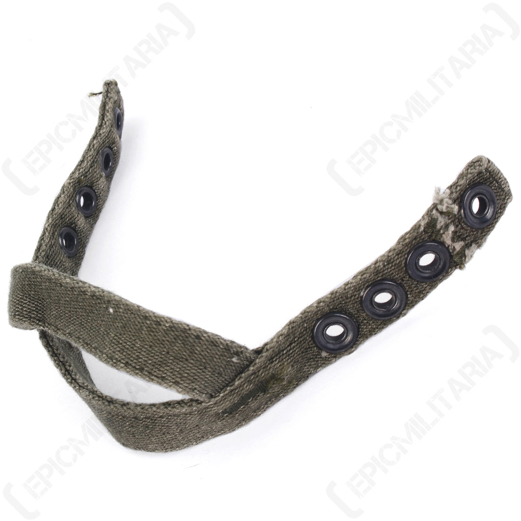 Reverse angle of an original olive drab cotton canvas paratrooper helmet chin strap for vintage M1 helmet restoration.