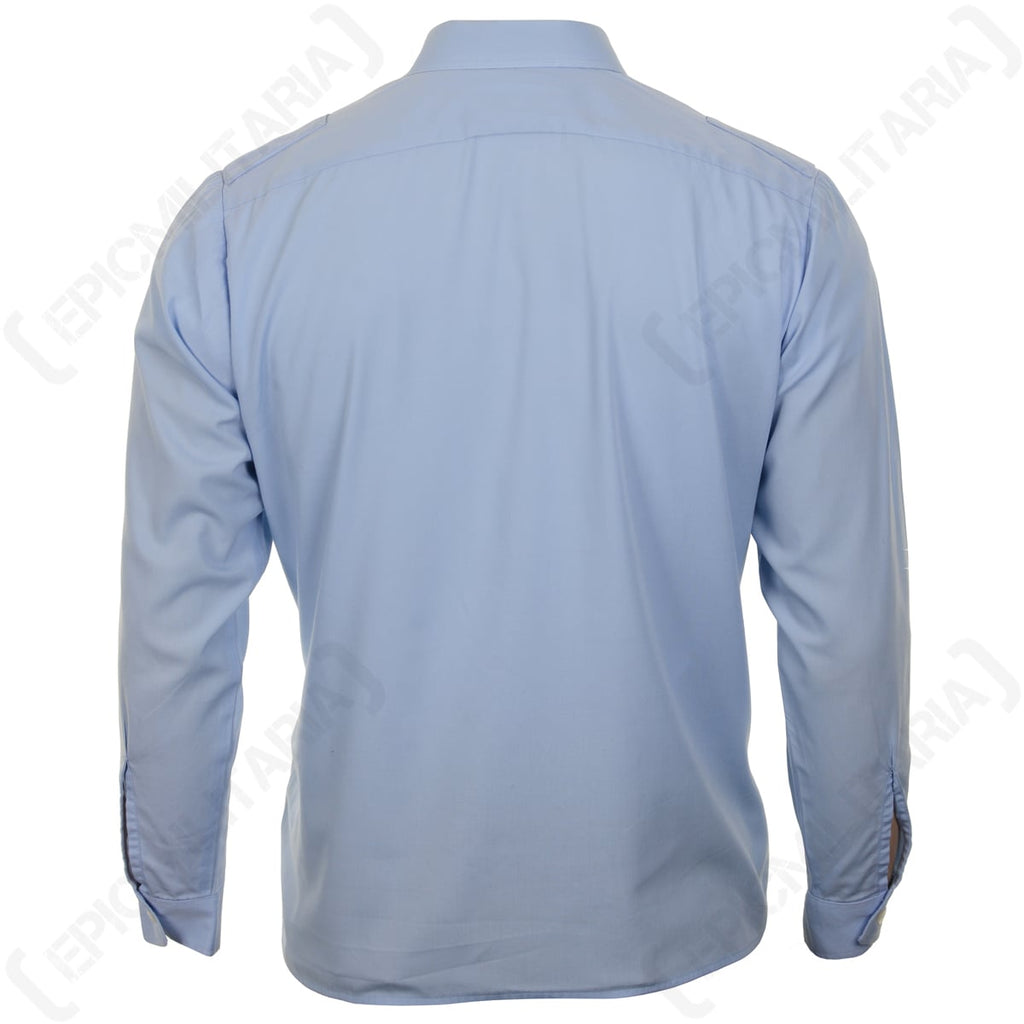 Rear view of a genuine German surplus light blue service shirt showing the clean tailored back panel and long sleeves with buttoned cuffs.