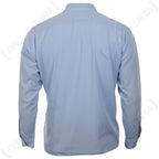 Rear view of a genuine German surplus light blue service shirt showing the clean tailored back panel and long sleeves with buttoned cuffs.
