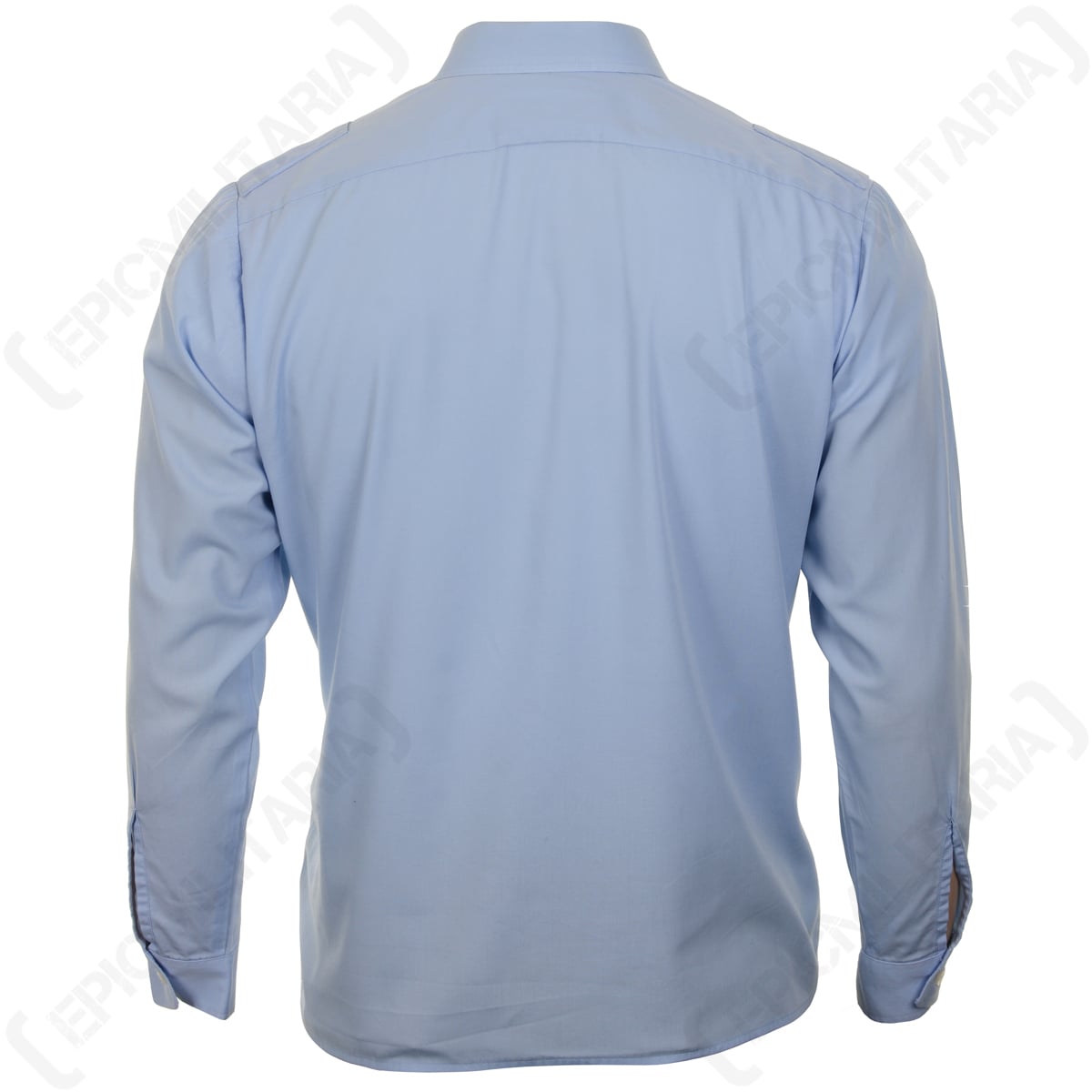Rear view of a genuine German surplus light blue service shirt showing the clean tailored back panel and long sleeves with buttoned cuffs.