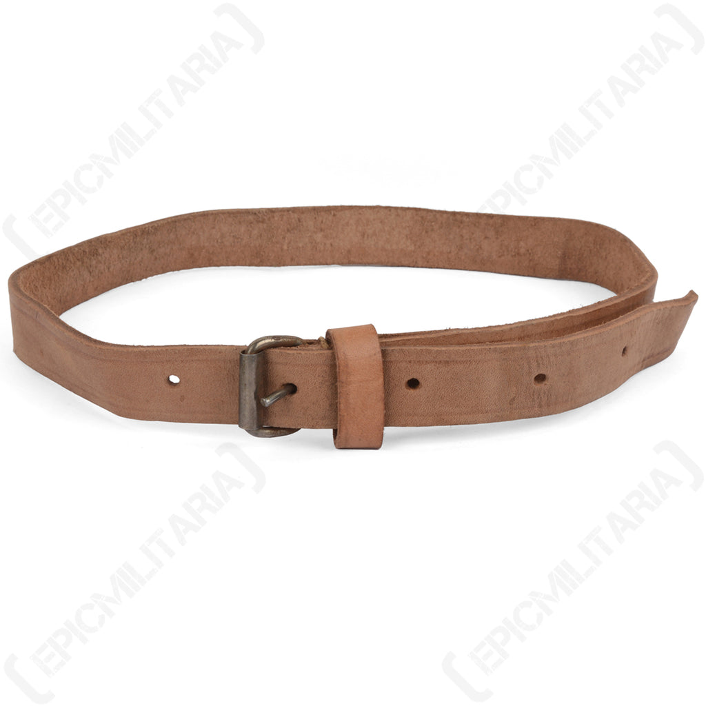 Full-length view of a versatile Polish military surplus brown leather strap with adjustable buckle and pre-punched holes.