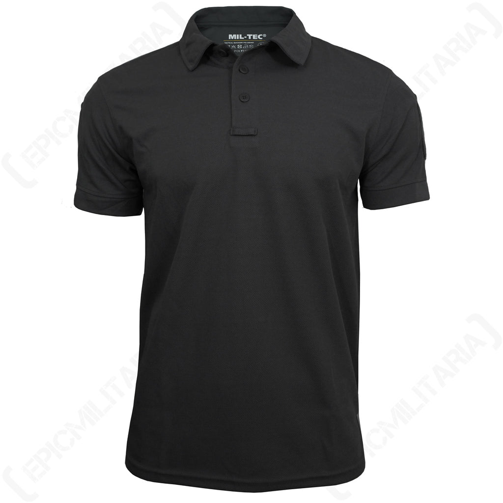Front view of the black Mil-Tec Tactical Quickdry Polo Shirt with three-button placket.