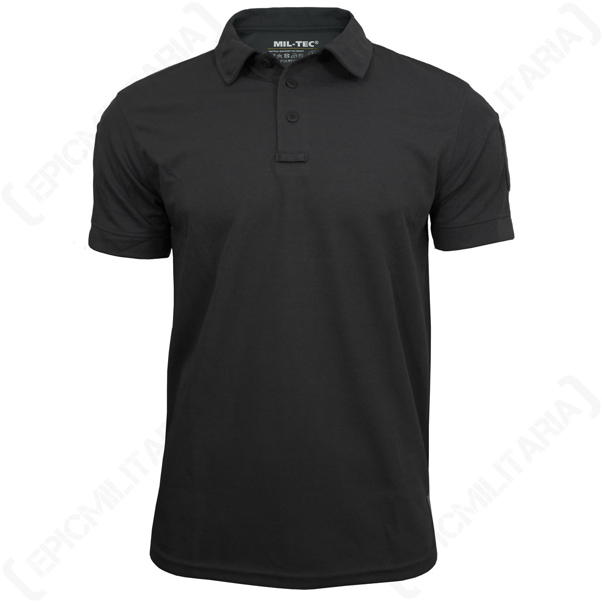 Front view of the black Mil-Tec Tactical Quickdry Polo Shirt with three-button placket.