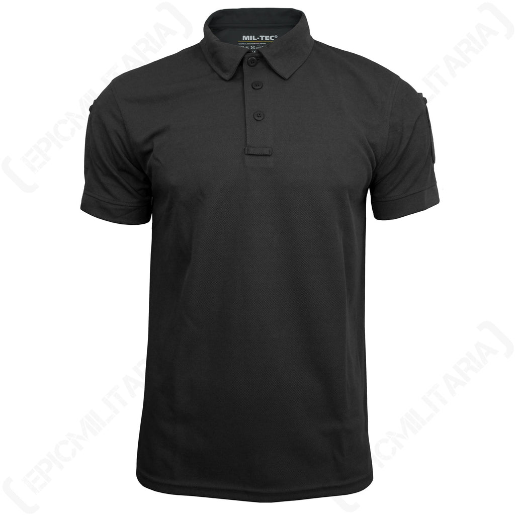 Studio shot of the black tactical polo featuring moisture-wicking polyester knit fabric.