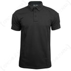 Studio shot of the black tactical polo featuring moisture-wicking polyester knit fabric.