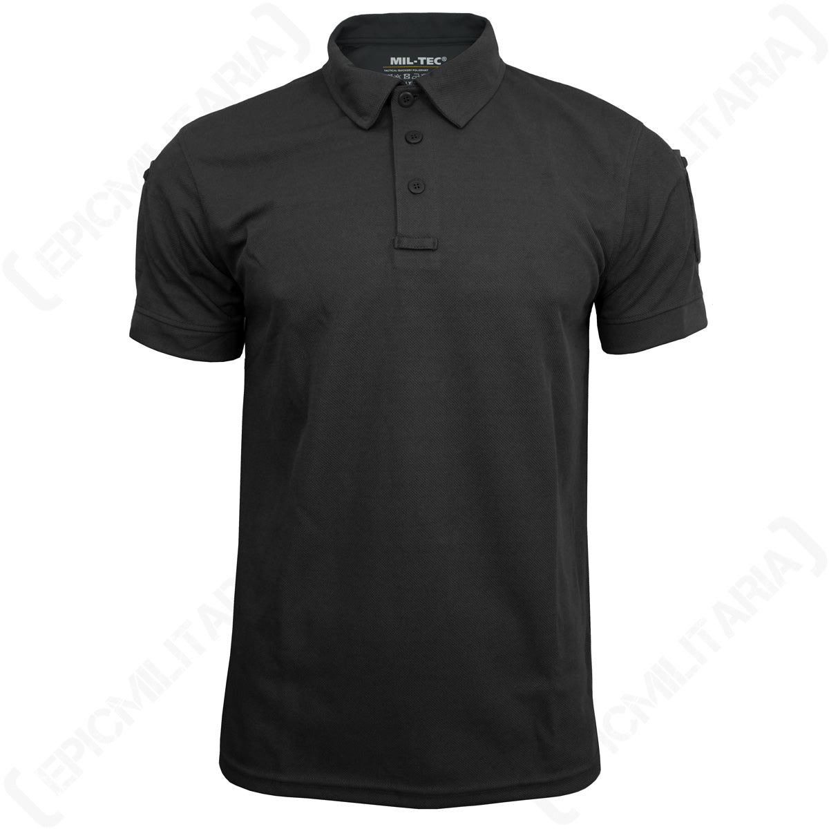 Studio shot of the black tactical polo featuring moisture-wicking polyester knit fabric.