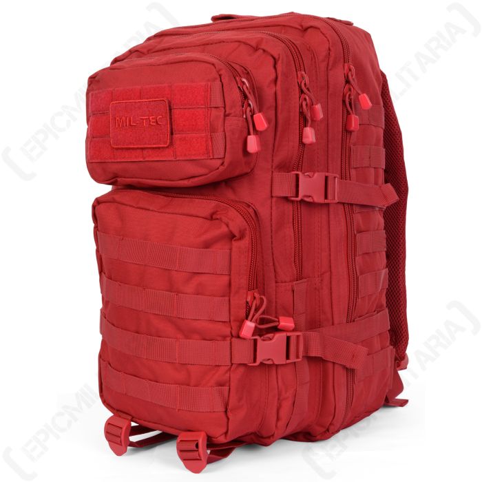 Mil-Tec 36L MOLLE assault pack in bright red, showcasing the same heavy-duty tactical features and organizational pockets.