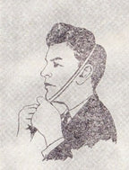 Vintage instructional drawing of a man demonstrating how to properly put on a Soviet GP-5 gas mask.