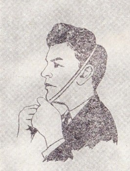 Vintage instructional drawing of a man demonstrating how to properly put on a Soviet GP-5 gas mask.