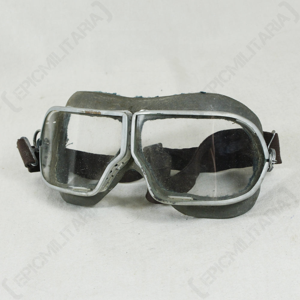 Genuine 1938 Pattern Russian pilot goggles with moulded rubber frame, clear glass lenses, and elasticated head strap with metal D-rings.