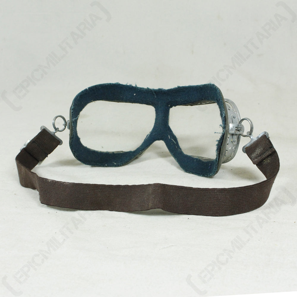 Rear view of 1938 Pattern Russian pilot goggles showing the blue felt inner lining and the adjustable elasticated head strap.
