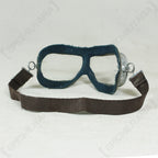 Rear view of 1938 Pattern Russian pilot goggles showing the blue felt inner lining and the adjustable elasticated head strap.