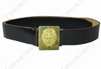 Unissued black leather Spanish military belt featuring a brass buckle with an embossed eagle emblem, crown, and cross design.