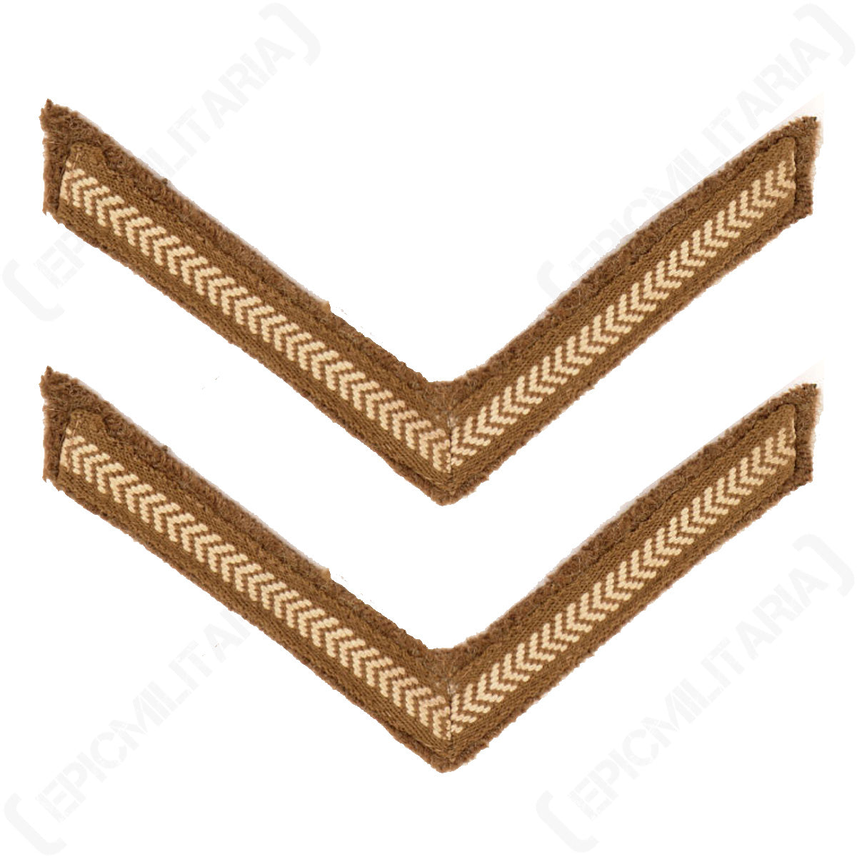 Pair of original British Army Lance Corporal rank chevrons made from rough brown wool with white cotton herringbone embroidery, suitable for WWII reenactment.